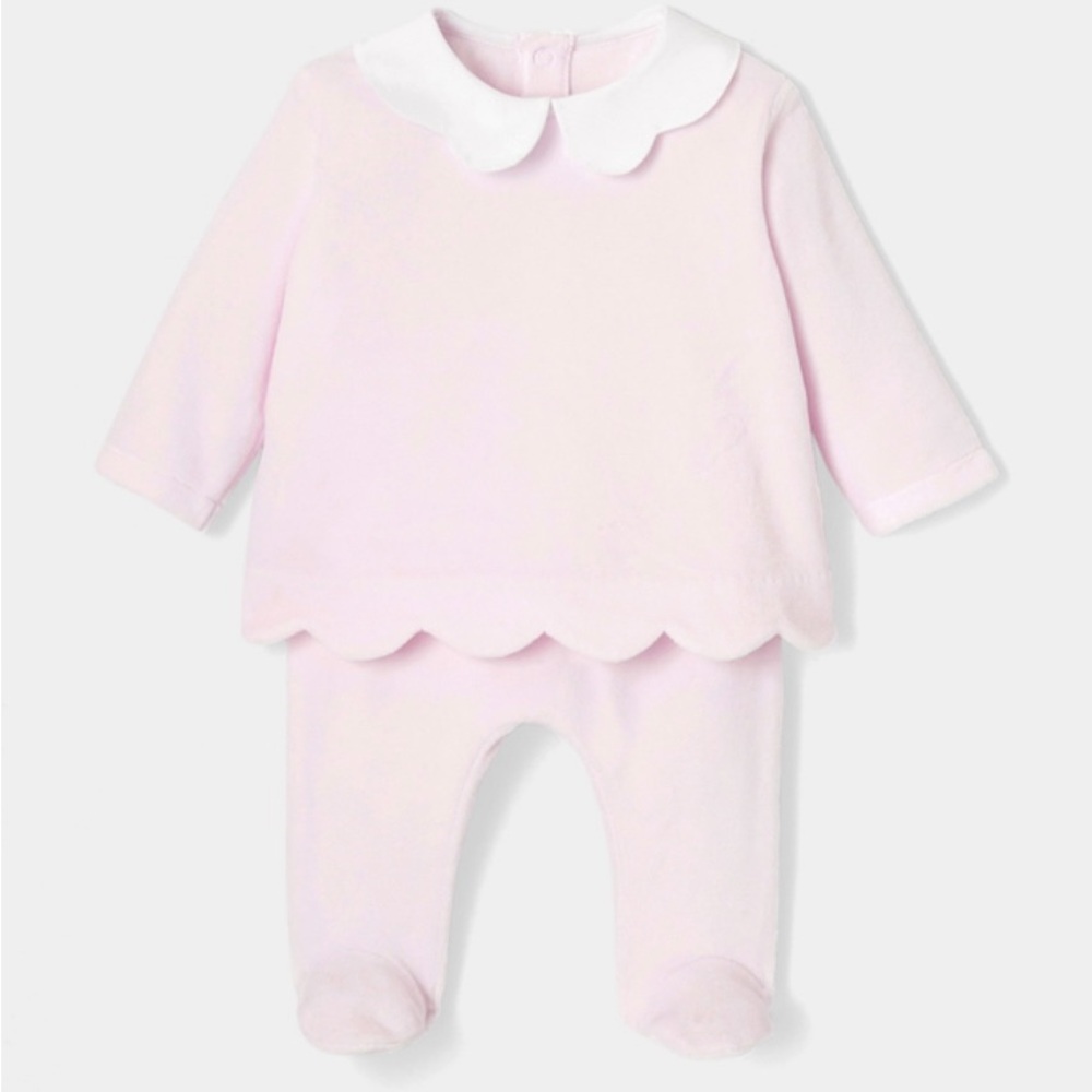 Jacadi Velvet Pink Footies Outfit with Scalloped Hem